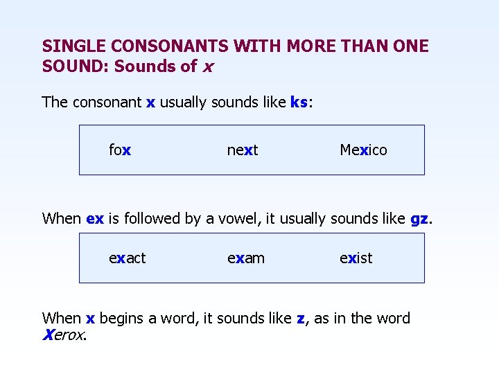 SINGLE CONSONANTS WITH MORE THAN ONE SOUND: Sounds of x The consonant x usually