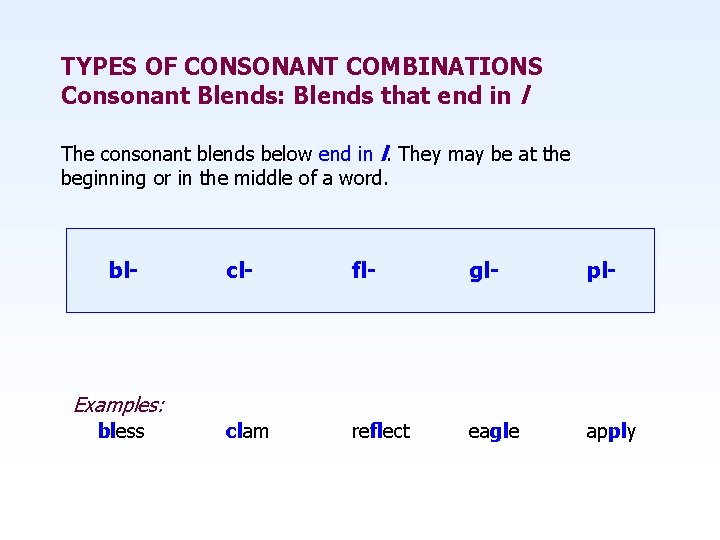 TYPES OF CONSONANT COMBINATIONS Consonant Blends: Blends that end in l The consonant blends