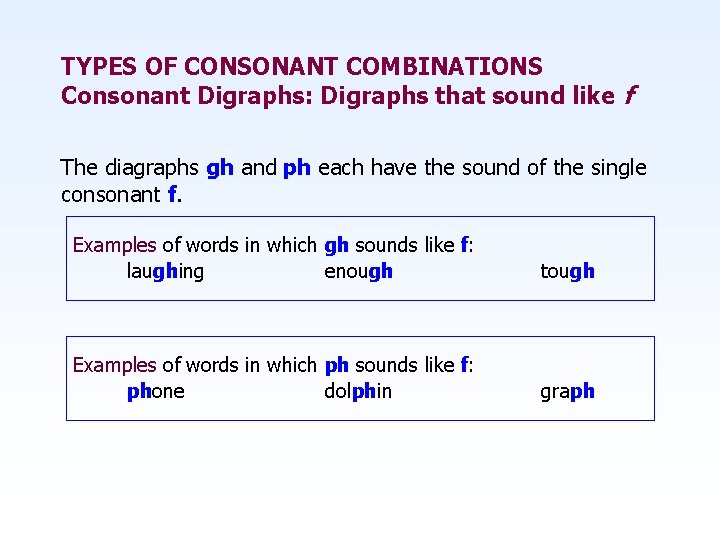 TYPES OF CONSONANT COMBINATIONS Consonant Digraphs: Digraphs that sound like f The diagraphs gh