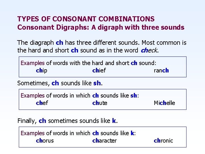 TYPES OF CONSONANT COMBINATIONS Consonant Digraphs: A digraph with three sounds The diagraph ch