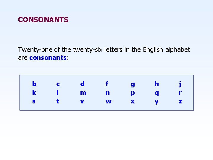 CONSONANTS Twenty-one of the twenty-six letters in the English alphabet are consonants: b k