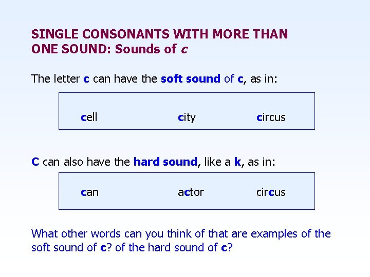 SINGLE CONSONANTS WITH MORE THAN ONE SOUND: Sounds of c The letter c can