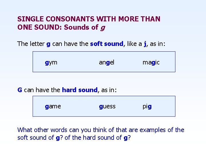 SINGLE CONSONANTS WITH MORE THAN ONE SOUND: Sounds of g The letter g can