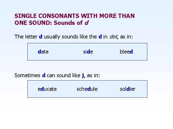 SINGLE CONSONANTS WITH MORE THAN ONE SOUND: Sounds of d The letter d usually