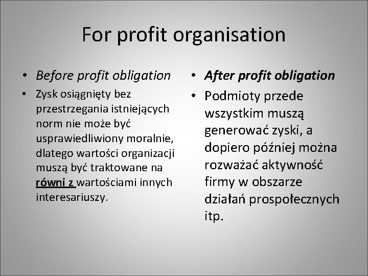 For profit organisation • Before profit obligation • After profit obligation • Zysk osiągnięty