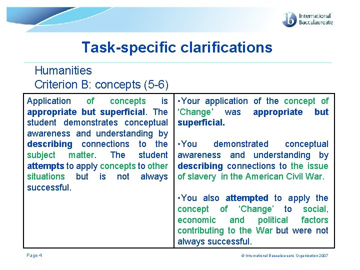 Task-specific clarifications Humanities Criterion B: concepts (5 -6) Application of concepts is appropriate but