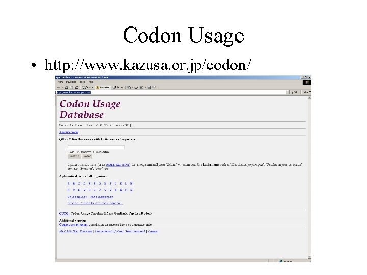 Codon Usage • http: //www. kazusa. or. jp/codon/ 