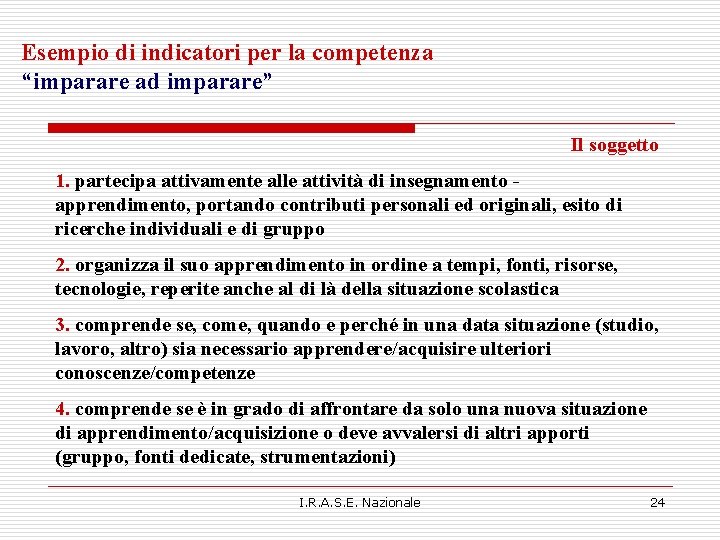 Esempio di indicatori per la competenza “imparare ad imparare” Il soggetto 1. partecipa attivamente Esempio di indicatori per la competenza “imparare ad imparare” Il soggetto 1. partecipa attivamente