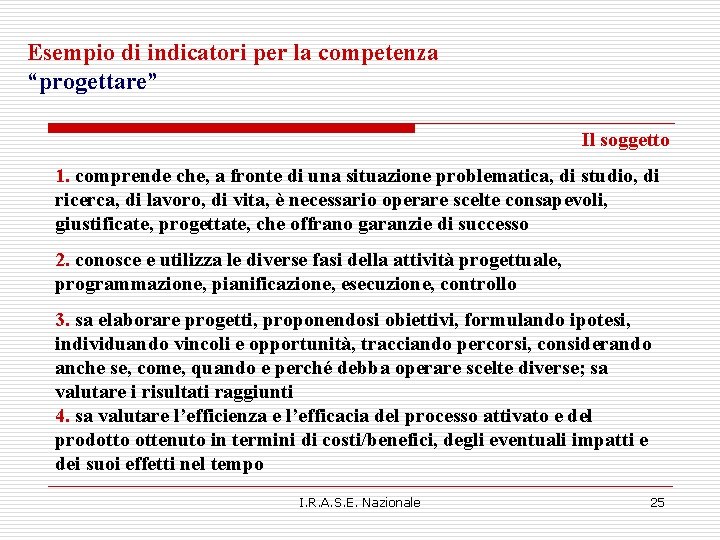 Esempio di indicatori per la competenza “progettare” Il soggetto 1. comprende che, a fronte Esempio di indicatori per la competenza “progettare” Il soggetto 1. comprende che, a fronte