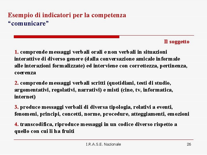 Esempio di indicatori per la competenza “comunicare” Il soggetto 1. comprende messaggi verbali orali Esempio di indicatori per la competenza “comunicare” Il soggetto 1. comprende messaggi verbali orali