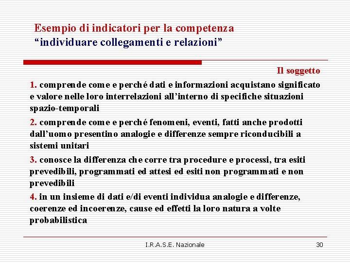 Esempio di indicatori per la competenza “individuare collegamenti e relazioni” Il soggetto 1. comprende Esempio di indicatori per la competenza “individuare collegamenti e relazioni” Il soggetto 1. comprende