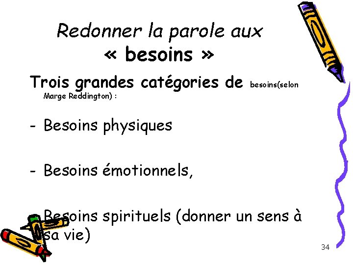 Redonner la parole aux « besoins » Trois grandes catégories de besoins(selon Marge Reddington) Redonner la parole aux « besoins » Trois grandes catégories de besoins(selon Marge Reddington)