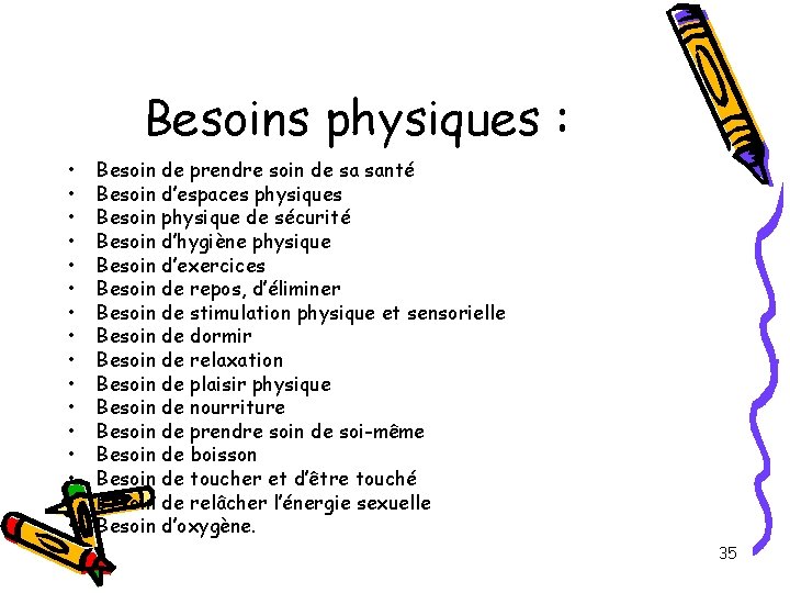 Besoins physiques : • • • • Besoin de prendre soin de sa santé Besoins physiques : • • • • Besoin de prendre soin de sa santé
