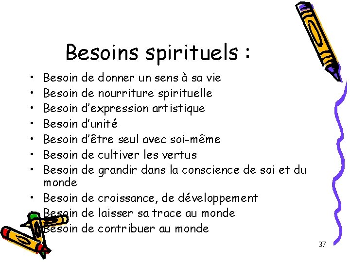 Besoins spirituels : • • Besoin de donner un sens à sa vie Besoin Besoins spirituels : • • Besoin de donner un sens à sa vie Besoin