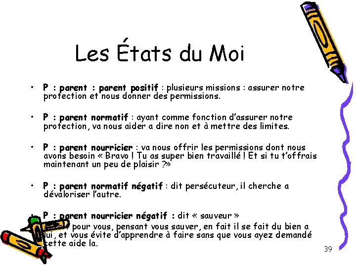Les États du Moi • P : parent positif : plusieurs missions : assurer Les États du Moi • P : parent positif : plusieurs missions : assurer