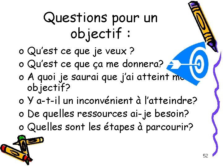 Questions pour un objectif : o Qu’est ce que je veux ? o Qu’est Questions pour un objectif : o Qu’est ce que je veux ? o Qu’est