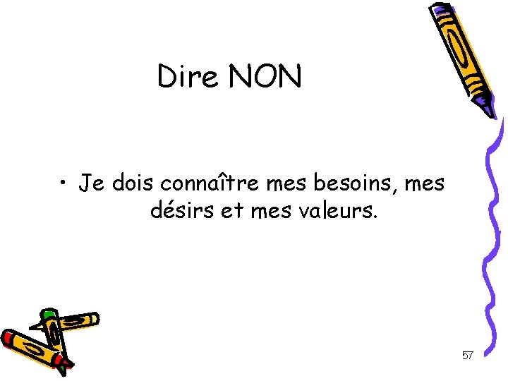 Dire NON • Je dois connaître mes besoins, mes désirs et mes valeurs. 57 Dire NON • Je dois connaître mes besoins, mes désirs et mes valeurs. 57