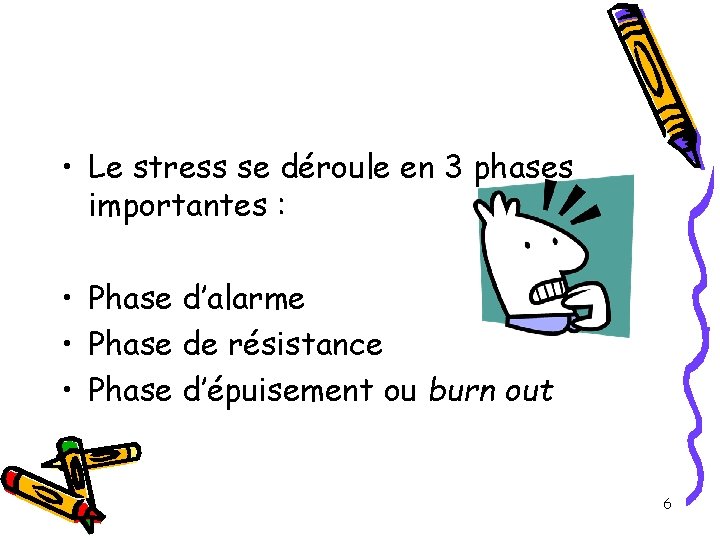 • Le stress se déroule en 3 phases importantes : • Phase d’alarme • Le stress se déroule en 3 phases importantes : • Phase d’alarme