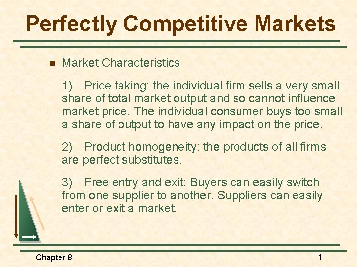 Perfectly Competitive Markets n Market Characteristics 1) Price taking: the individual firm sells a