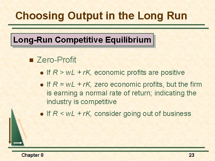 Choosing Output in the Long Run Long-Run Competitive Equilibrium n Zero-Profit l If R