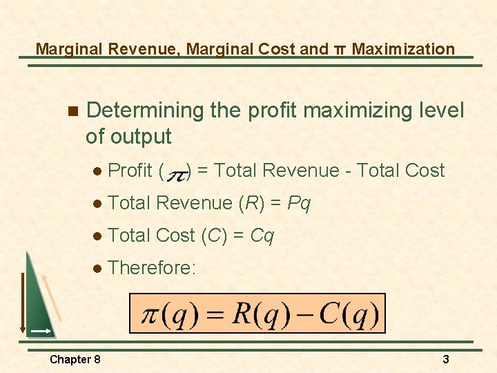 Marginal Revenue, Marginal Cost and π Maximization n Determining the profit maximizing level of