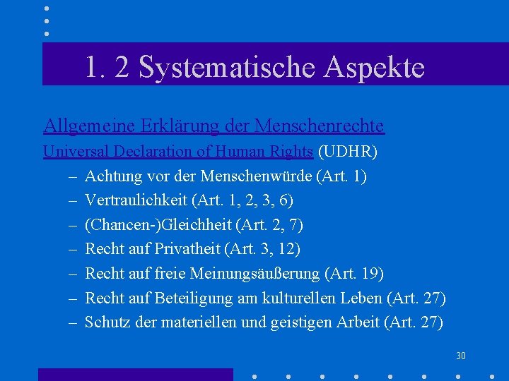 1. 2 Systematische Aspekte Allgemeine Erklärung der Menschenrechte Universal Declaration of Human Rights (UDHR) 1. 2 Systematische Aspekte Allgemeine Erklärung der Menschenrechte Universal Declaration of Human Rights (UDHR)