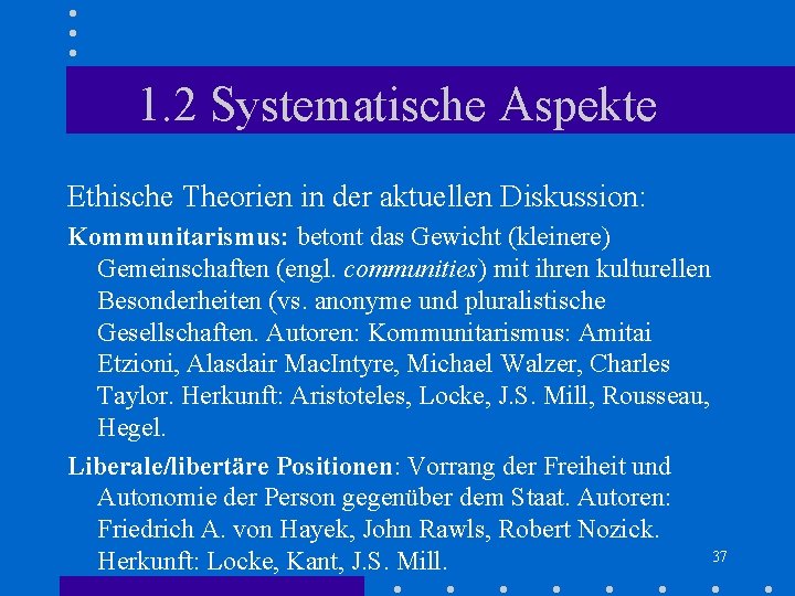 1. 2 Systematische Aspekte Ethische Theorien in der aktuellen Diskussion: Kommunitarismus: betont das Gewicht 1. 2 Systematische Aspekte Ethische Theorien in der aktuellen Diskussion: Kommunitarismus: betont das Gewicht