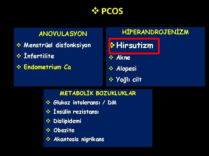 v PCOS HİPERANDROJENİZM ANOVULASYON v Menstrüel disfonksiyon v Hirsutizm v İnfertilite v Akne v v PCOS HİPERANDROJENİZM ANOVULASYON v Menstrüel disfonksiyon v Hirsutizm v İnfertilite v Akne v