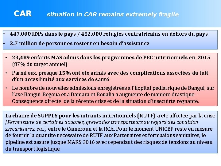 CAR situation in CAR remains extremely fragile • 447, 000 IDPs dans le pays