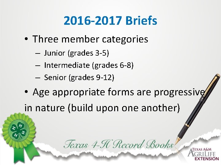 2016 -2017 Briefs • Three member categories – Junior (grades 3 -5) – Intermediate