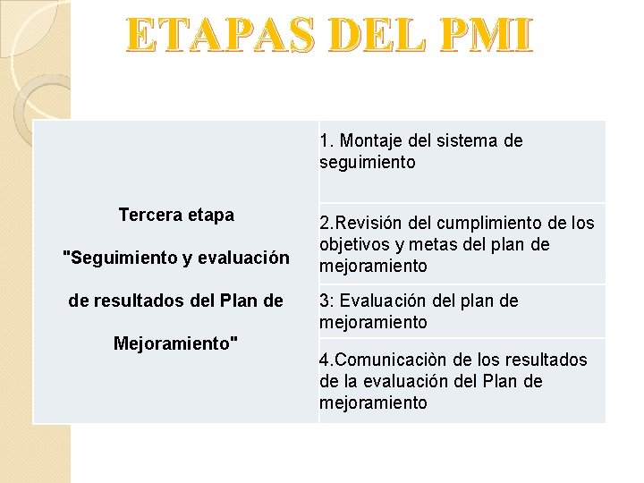 ETAPAS DEL PMI 1. Montaje del sistema de seguimiento Tercera etapa "Seguimiento y evaluación