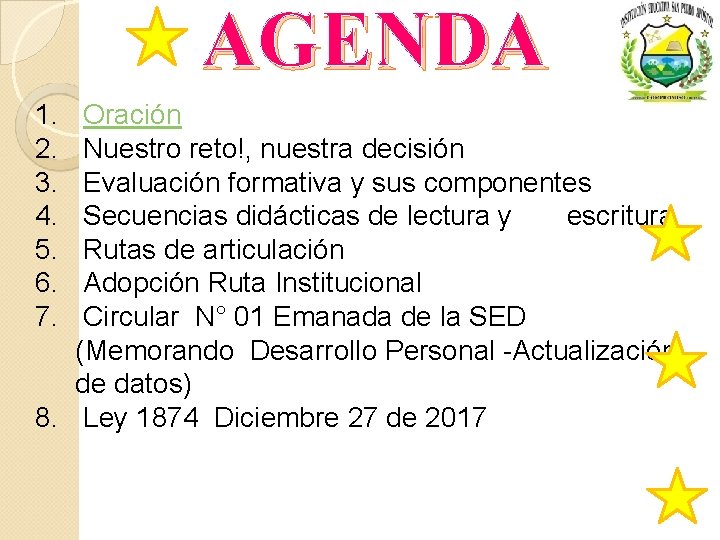 AGENDA 1. 2. 3. 4. 5. 6. 7. Oración Nuestro reto!, nuestra decisión Evaluación