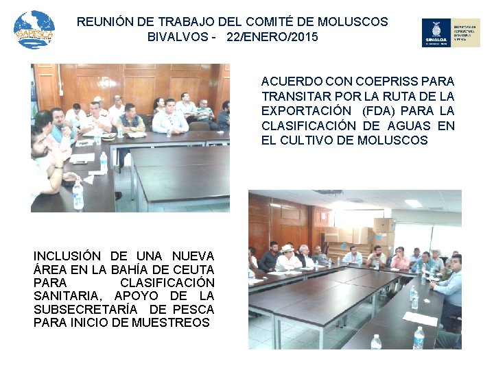 REUNIÓN DE TRABAJO DEL COMITÉ DE MOLUSCOS BIVALVOS - 22/ENERO/2015 ACUERDO CON COEPRISS PARA
