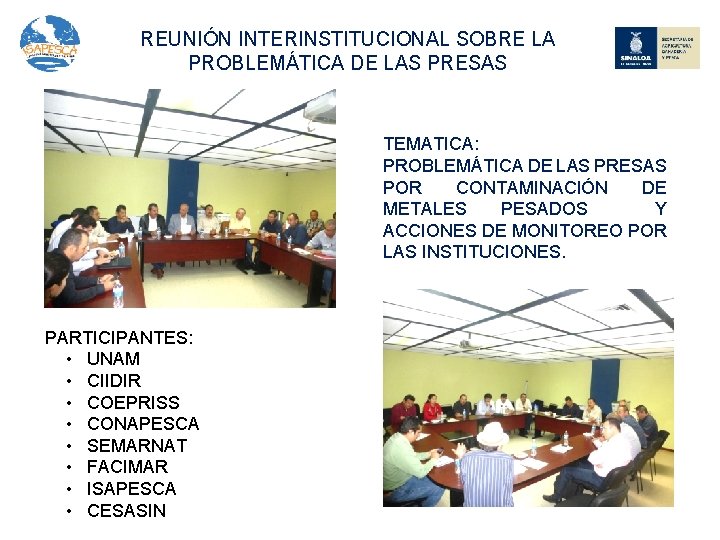 REUNIÓN INTERINSTITUCIONAL SOBRE LA PROBLEMÁTICA DE LAS PRESAS TEMATICA: PROBLEMÁTICA DE LAS PRESAS POR