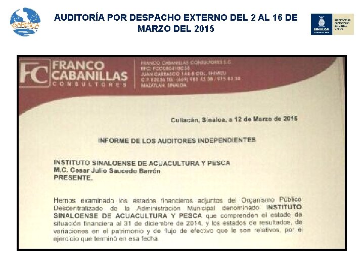 AUDITORÍA POR DESPACHO EXTERNO DEL 2 AL 16 DE MARZO DEL 2015 