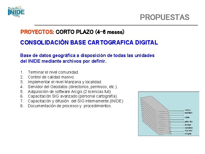 PROPUESTAS PROYECTOS: CORTO PLAZO (4 -6 meses) CONSOLIDACIÓN BASE CARTOGRAFICA DIGITAL Base de datos