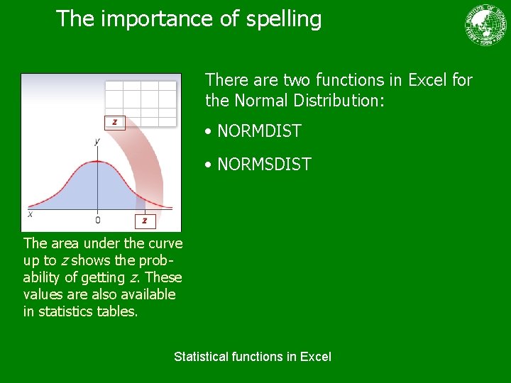 The importance of spelling There are two functions in Excel for the Normal Distribution:
