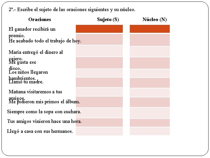 2ª. - Escribe el sujeto de las oraciones siguientes y su núcleo. Oraciones Sujeto