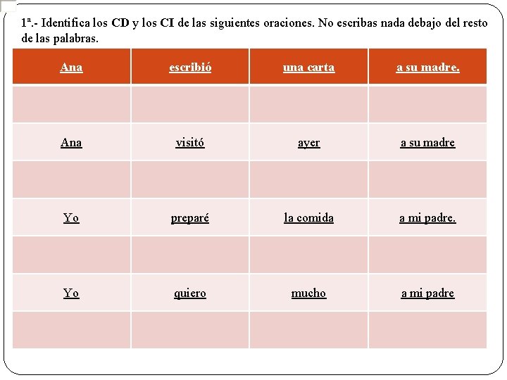 1ª. - Identifica los CD y los CI de las siguientes oraciones. No escribas