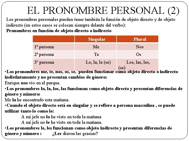  EL PRONOMBRE PERSONAL (2) Los pronombres personales pueden tener también la función de