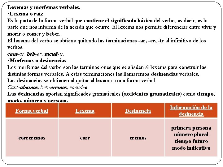 Lexemas y morfemas verbales. • Lexema o raíz Es la parte de la forma