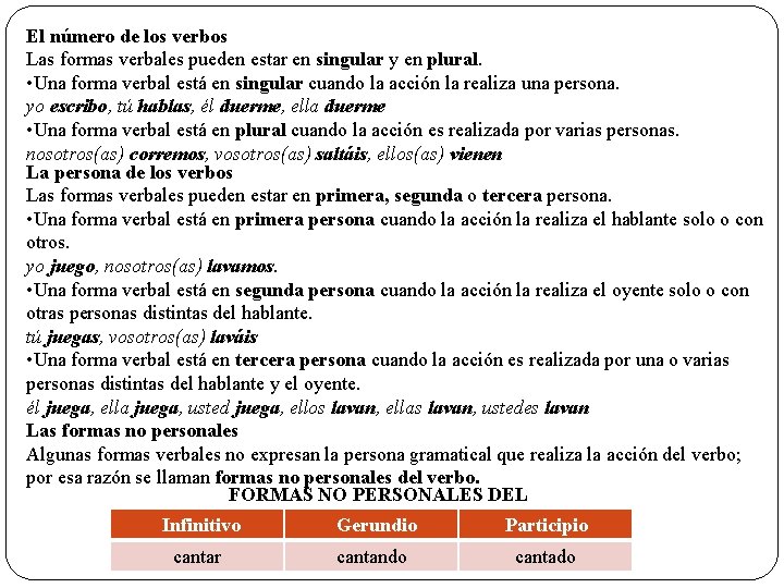 El número de los verbos Las formas verbales pueden estar en singular y en