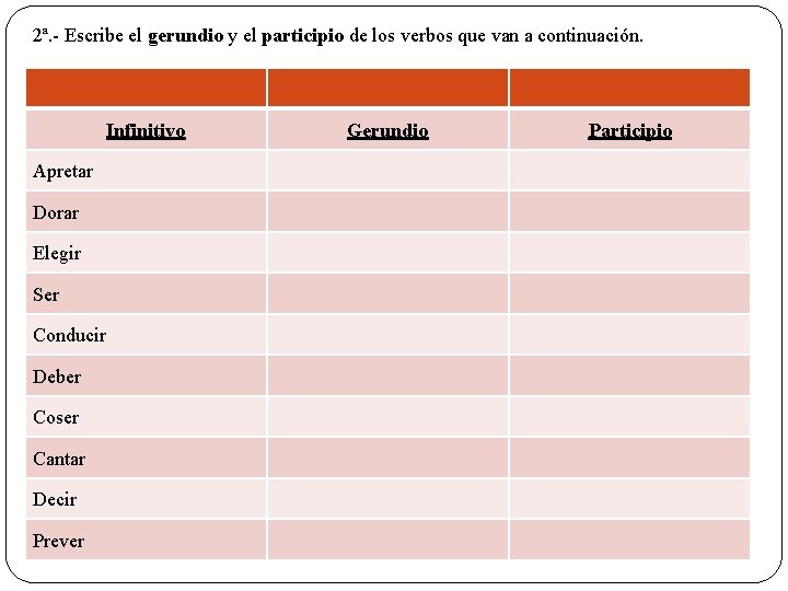 2ª. - Escribe el gerundio y el participio de los verbos que van a