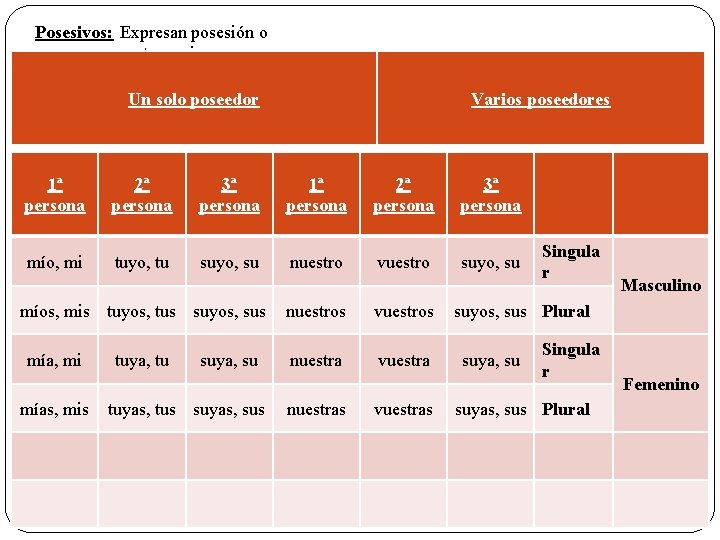 Posesivos: Expresan posesión o pertenencia. Un solo poseedor Varios poseedores 1ª persona 2ª persona