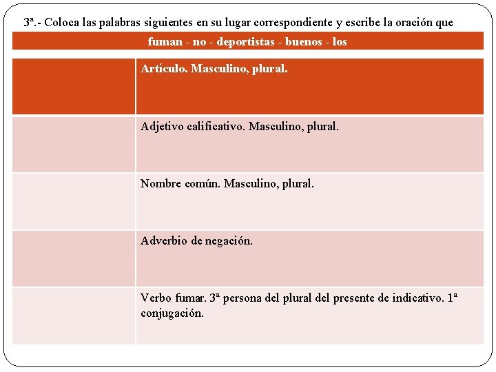 3ª. - Coloca las palabras siguientes en su lugar correspondiente y escribe la oración