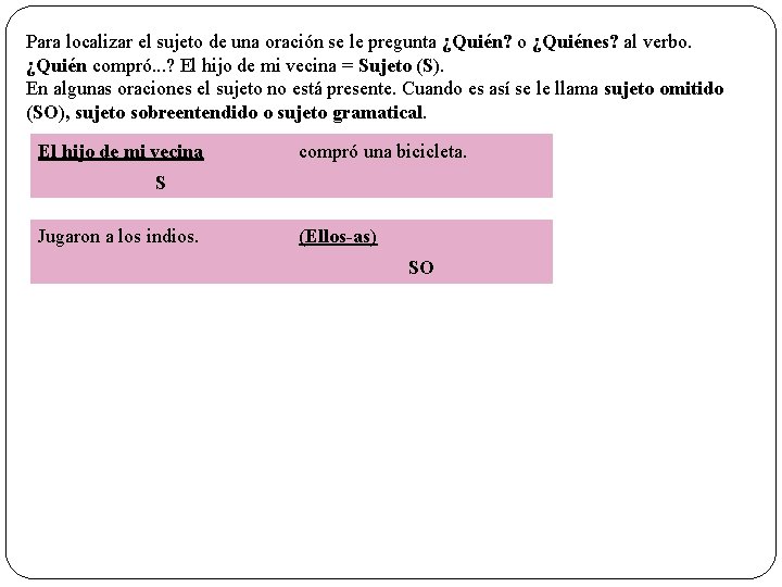 Para localizar el sujeto de una oración se le pregunta ¿Quién? o ¿Quiénes? al