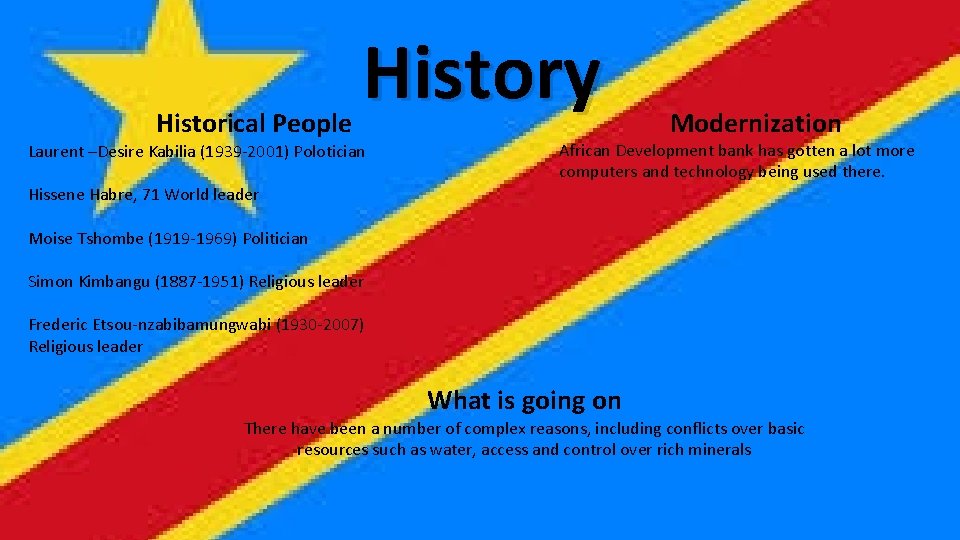 Historical People History Laurent –Desire Kabilia (1939 -2001) Polotician Modernization African Development bank has