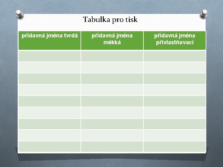 Tabulka pro tisk přídavná jména tvrdá přídavná jména měkká přídavná jména přivlastňovací 