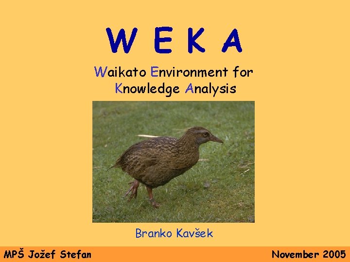 W E K A Waikato Environment for Knowledge Analysis Branko Kavšek MPŠ Jožef Stefan