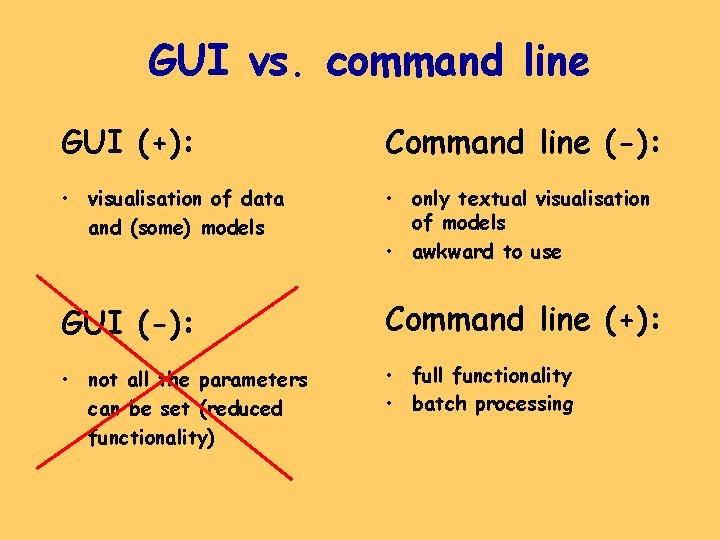 GUI vs. command line GUI (+): Command line (-): • visualisation of data and